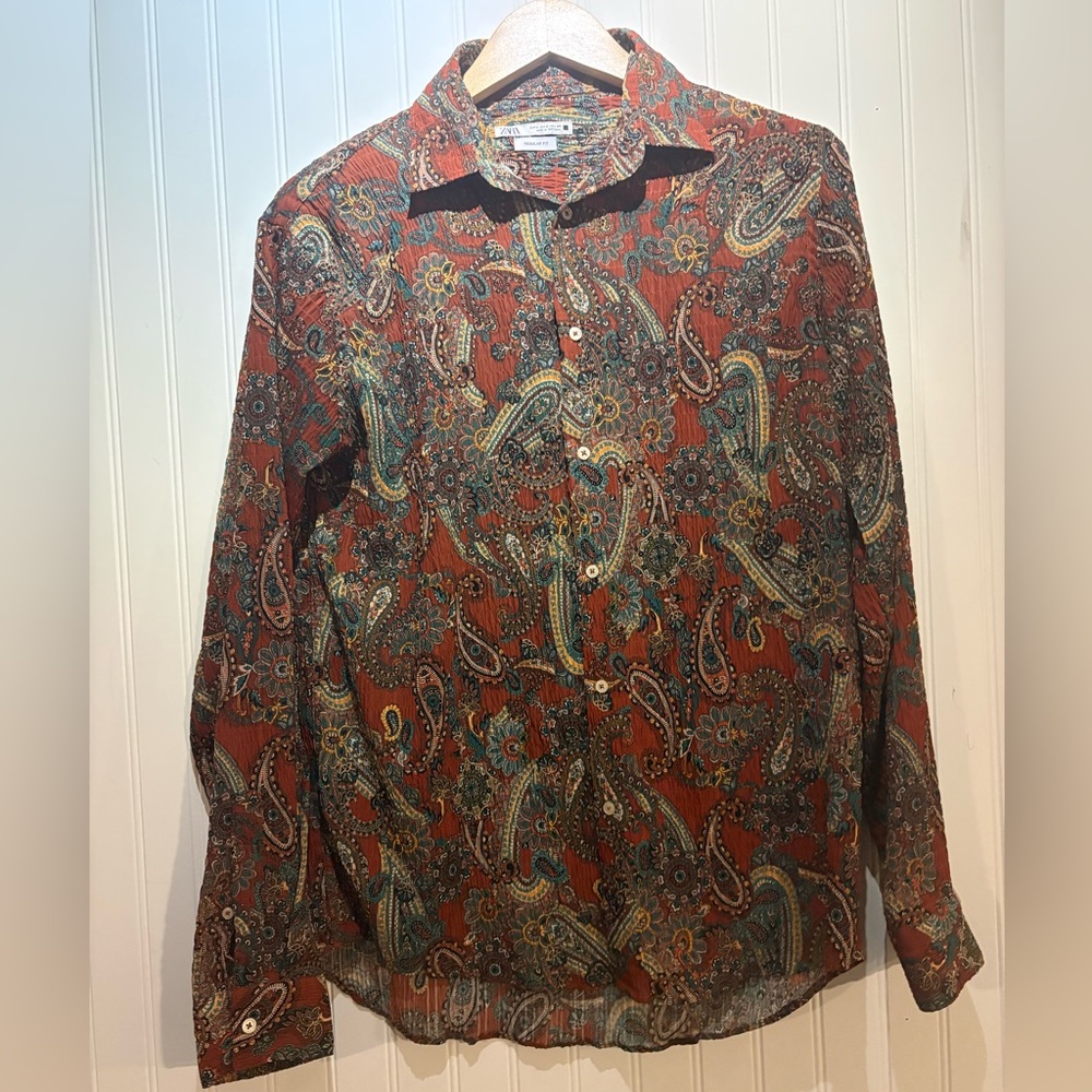 Zara Men's Medium Paisley Button Down Shirt - Rust/teal/yellow EUC